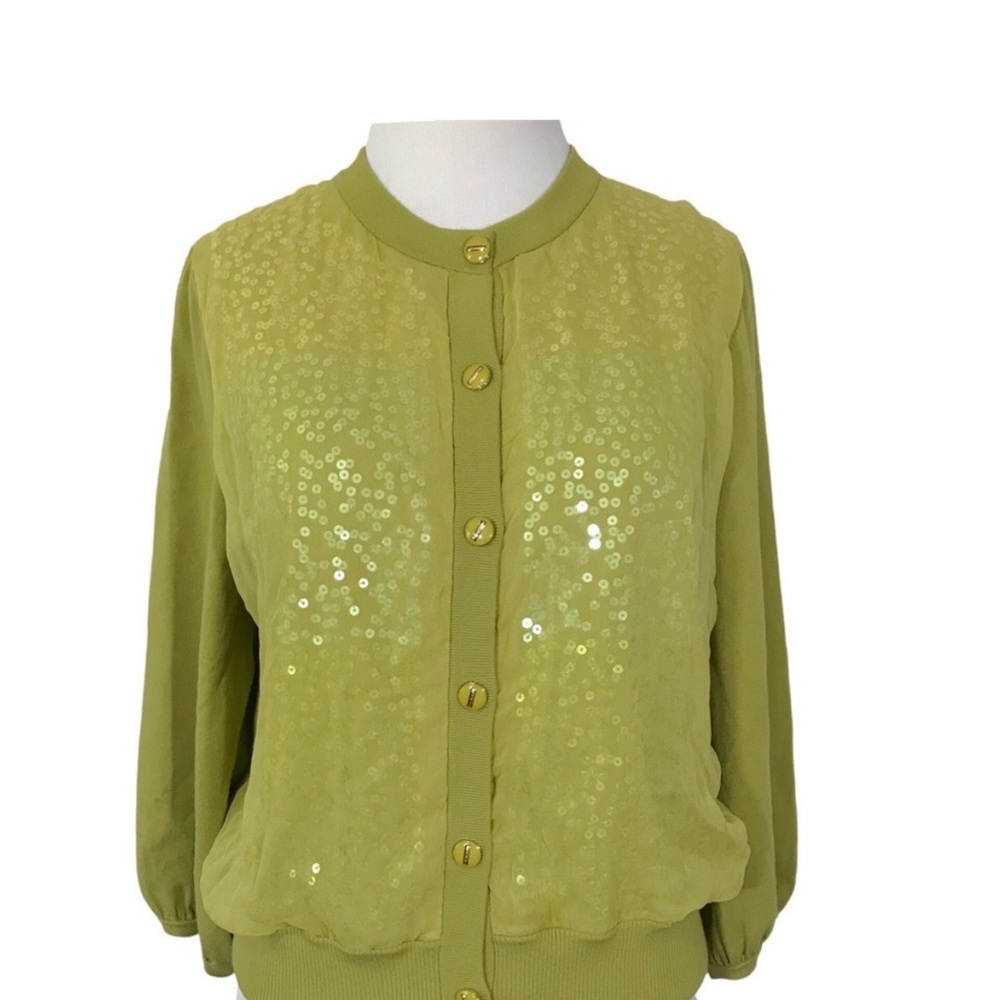 ST. JOHN Green Sequined Cardigan with Sheer Overlay Size Medium